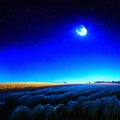 Night sky with stars and moon over wheat field. 3d rendering AI generated