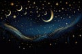 Night sky with stars and moon. Vector illustration for your design, A starry night sky with a crescent moon and tiny glow in the