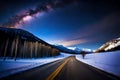 A Night Sky With Stars And A Purple And Blue Sky With Trees And A Snow Covered Hill With Snow On The Ground And Sta. Generative AI Royalty Free Stock Photo