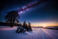 A Night Sky With Stars And A Purple And Blue Sky With Trees And A Snow Covered Hill With Snow On The Ground And Sta. Generative AI Royalty Free Stock Photo