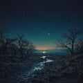 Night sky with stars and a stream of water. Royalty Free Stock Photo