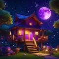 night sky stars twinkle and sparkle with a full moon and house Royalty Free Stock Photo