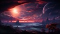 Night sky, sunset, nature beauty, dark fantasy, mysterious fog, spooky dawn generated by AI