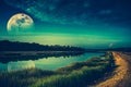 Night sky and super moon at riverside. Serenity nature background. Royalty Free Stock Photo