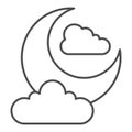 Night sky thin line icon. Crescent moon and clouds. Halloween party vector design concept, outline style pictogram on Royalty Free Stock Photo