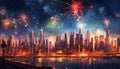 Night skyline ignites celebration with colorful fireworks illuminating city life generated by AI Royalty Free Stock Photo