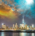 Night skyline of Manhattan at sunset, view from Jersey City coastline with Hudson reflections Royalty Free Stock Photo