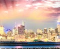 Night skyline of Manhattan at sunset, view from Jersey City coastline with Hudson reflections Royalty Free Stock Photo