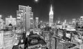 Night Skyline Of New York City In Black And White, USA
