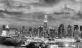 Night Skyline Of New York City In Black And White, USA