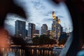 Night skyline view of banking district with skyscrapers with Main River in Frankfurt, Germany