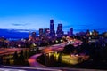 Night skyline view of Seattle downtown over I5 Royalty Free Stock Photo