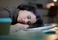 Night, sleeping and tired woman on her desk computer with depression, burnout and mental health risk. Business person Royalty Free Stock Photo