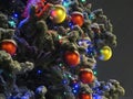 Night snapshot. Elegant Christmas tree decorated with Christmas toys, balls and garland Royalty Free Stock Photo