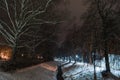 Night snowy alley and river Royalty Free Stock Photo