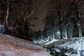 Night snowy alley and river Royalty Free Stock Photo