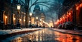 Night snowy Christmas American city Boston, New Year holiday, blurred background - AI generated image