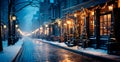 Night snowy Christmas American city Boston, New Year holiday, blurred background - AI generated image