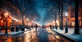 Night snowy Christmas American city Boston, New Year holiday, blurred background - AI generated image