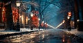 Night snowy Christmas American city Boston, New Year holiday, blurred background - AI generated image