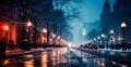 Night snowy Christmas American city Detroit, New Year holiday, blurred background - AI generated image