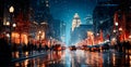 Night snowy Christmas American city Detroit, New Year holiday, blurred background - AI generated image