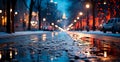 Night snowy Christmas American city Detroit, New Year holiday, blurred background - AI generated image