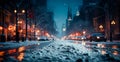 Night snowy Christmas American city Detroit, New Year holiday, blurred background - AI generated image