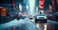 Night snowy Christmas American city New York, New Year holiday, blurred background - AI generated image