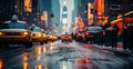 Night snowy Christmas American city New York, New Year holiday, blurred background - AI generated image