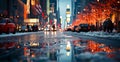 Night snowy Christmas American city New York, New Year holiday, blurred background - AI generated image