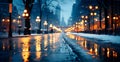 Night snowy Christmas American city New York, New Year holiday, blurred background - AI generated image