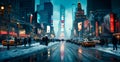 Night snowy Christmas American city New York, New Year holiday, blurred background - AI generated image