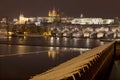 Night snowy colorful Prague Lesser Town with gothic Castle, St. Nicholas` Cathedral and Charles Bridge, Czech republic Royalty Free Stock Photo