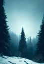 Night snowy forest. Christmas trees covered in snow. AI digital art illustration Royalty Free Stock Photo