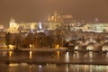 Night snowy Prague gothic Castle with Charles Bridge and St. Nicholas' Cathedral , Czech republic Royalty Free Stock Photo