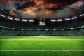 Night soccer field with lights and spectors panorama 3d rendering