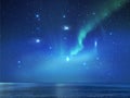 Night starry sky   aurora borealis blue green clouds splash and  cosmic universe  at sea nature landscape Royalty Free Stock Photo