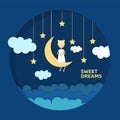 Night starry sky. A cute girl sits on the moon with a star in her hands. Vector card for wishing good night, sweet dreams Royalty Free Stock Photo