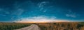 Night Starry Sky With Glowing Stars Above Countryside Landscape. Noctilucent Clouds Above Rural Field With Young Rye And Royalty Free Stock Photo