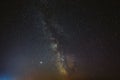 Night Starry Sky With Glowing Stars. Bright Glow Of Planets Saturn And Jupiter In Sky Among The Milky Way Galaxy Stars