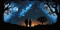 night starry sky and moon romantic couple looking at the sky