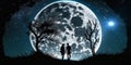 night starry sky and moon romantic couple looking at the sky
