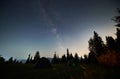 Night starry sky over mountain hill with camp tents. Royalty Free Stock Photo