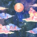 Night starry sky with pink moon and flying colorful clouds