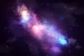 Night starry sky, purple nebula and Milky Way. Vector illustration of realistic space background. Colorful wallpaper of Royalty Free Stock Photo