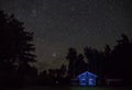 Night starry sky scene with illuminated cottage