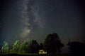 Night starry sky scene with illuminated cottage