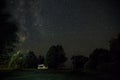 Night starry sky scene with illuminated cottage