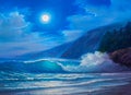 Night storm at sea, painting .Sea wave. Royalty Free Stock Photo